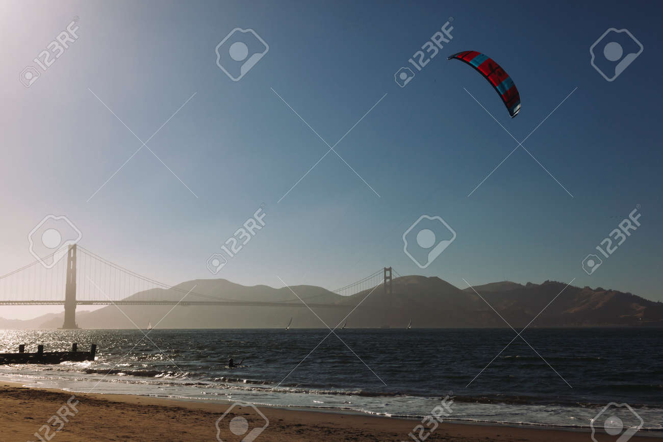 San Franciso, CA, USA-June 22, 2017: Kitesurfing under the Golden Gate Bridge. San francisco California - 166981209 San Franciso, CA, USA-June 22, 2017: Kitesurfing under the Golden Gate Bridge. San francisco California - 166981209