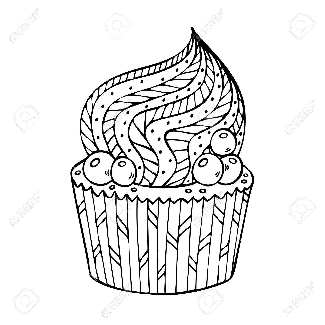 大人のための着色のカップケーキ 大人のぬりえ本 Zentangle 落書き 民族 部族のデザインのスタイルのベクトル イラスト のイラスト素材 ベクタ Image