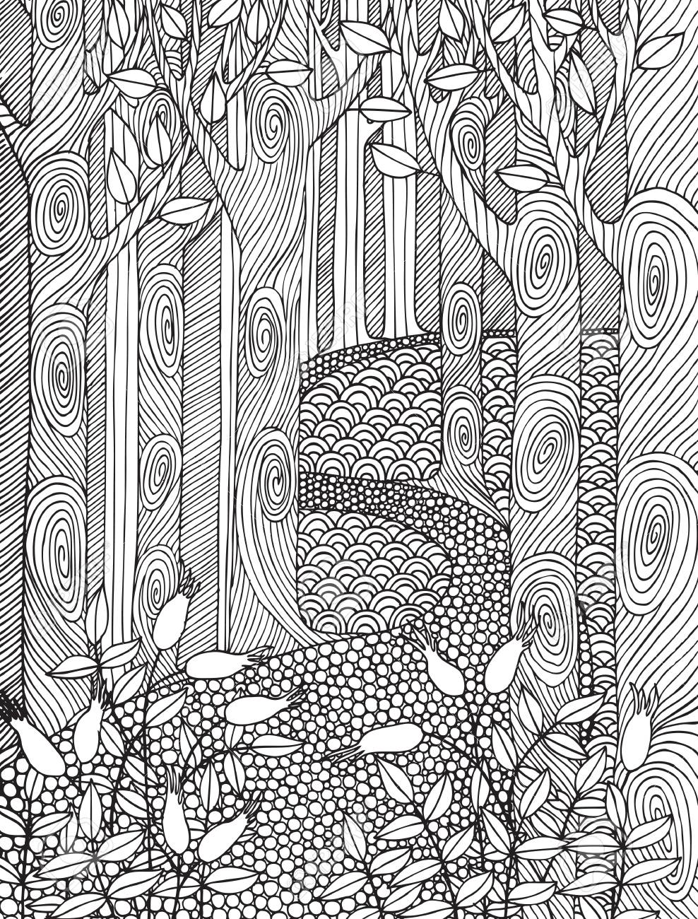 Adult Coloring Book Page Design With Forest Trees Coloring Book Royalty Free Cliparts Vectors And Stock Illustration Image 79561105