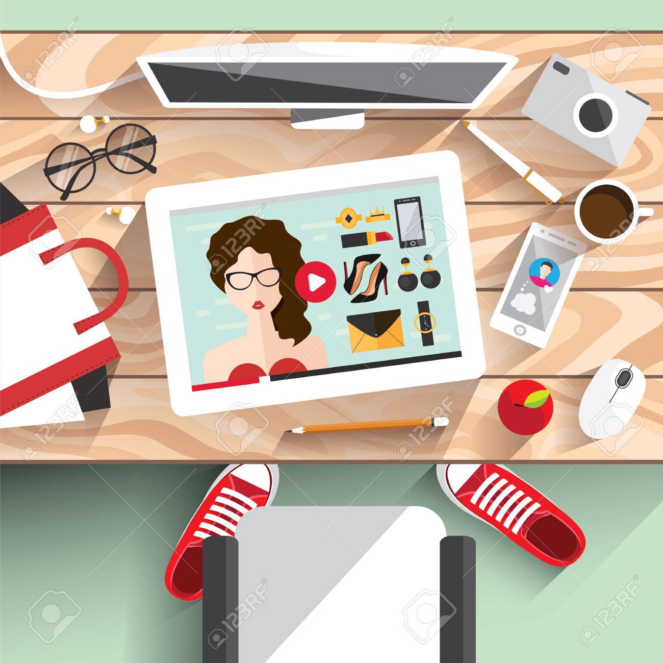 職場のモダンな女の子 若い女の子は ビデオを記録します フラット スタイルのベクトル図のイラスト素材 ベクタ Image