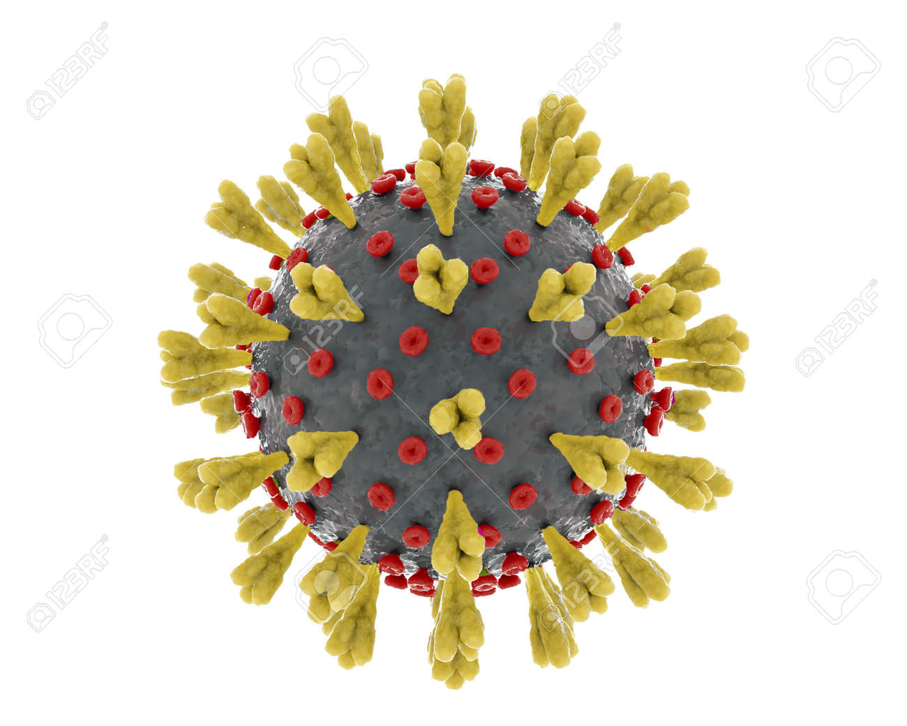 Severe acute respiratory syndrome coronavirus 2, SARS-CoV-2, causing COVID-19 disease isolated on white background. Cut out 3D render of a infectious yellow virus microbe. - 144839657 Severe acute respiratory syndrome coronavirus 2, SARS-CoV-2, causing COVID-19 disease isolated on white background. Cut out 3D render of a infectious yellow virus microbe. - 144839657