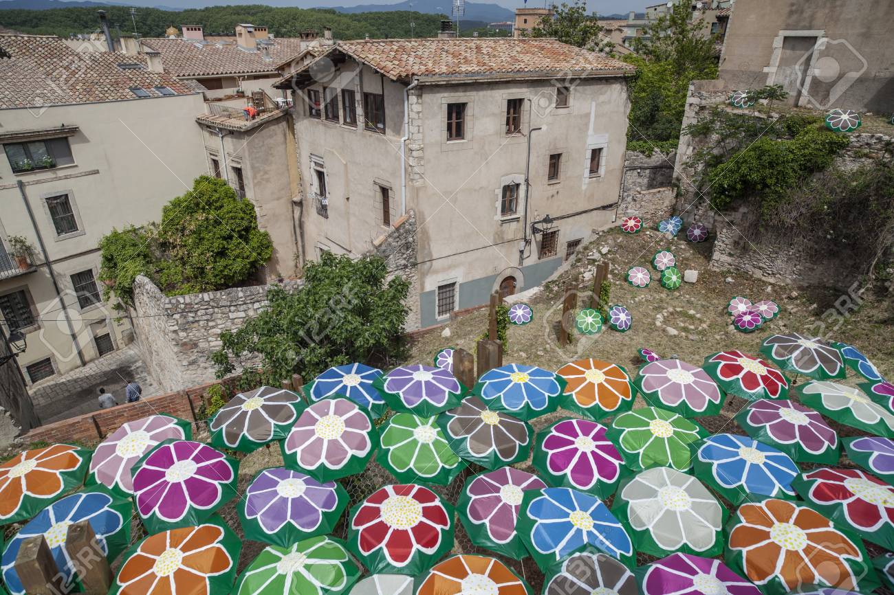 GIRONA,SPAIN-MAY 12,2012: Decorated Umbrellas In Historic Center