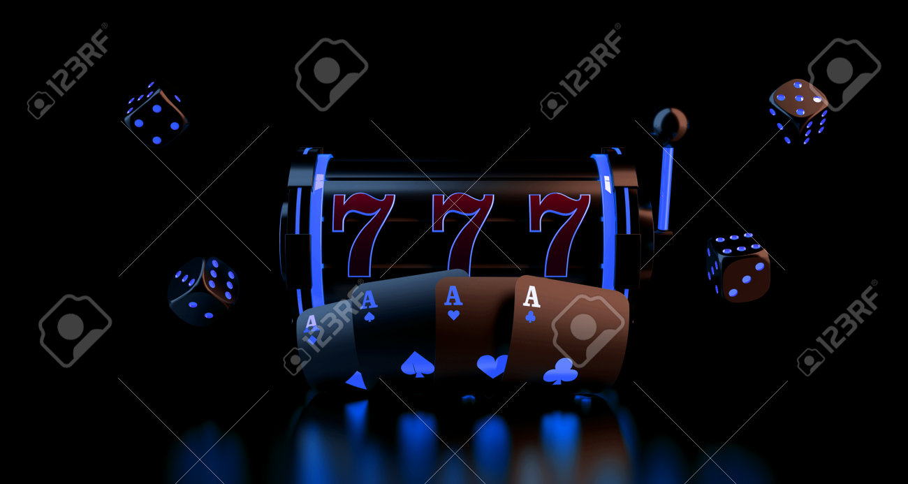 ラッキーセブン777スロットマシン、トランプとサイコロ。ラスベガスのカジノゲーム。ギャンブルでの幸運のチャンス。  3Dレンダリング。の写真素材・画像素材 Image 170312319