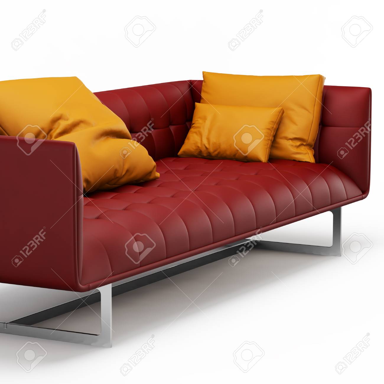 Red Leather Sofa With Orange Pillows On A White Background 3d - Red Leather Sofa With Orange Pillows On A White Background 3d