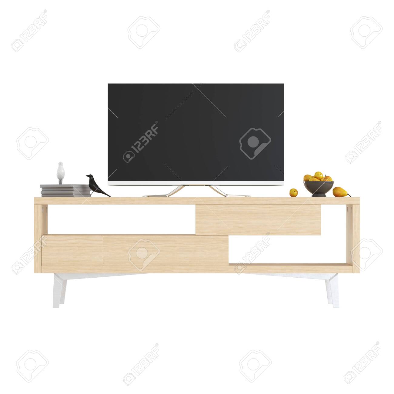 A Light Wooden Tv Nightstand On A White Background With A Tv Stock Photo Picture And Royalty Free Image Image 137456787