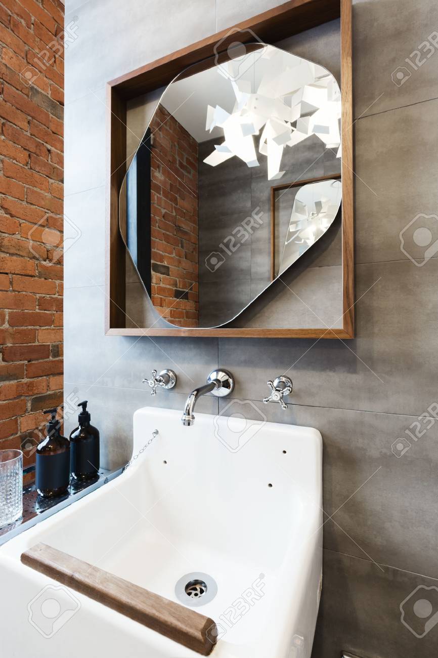 Close Up Of Vintage Style Bathroom Vanity In Renovated Warehouse Apartment Stock Photo Picture And Royalty Free Image Image 63225952