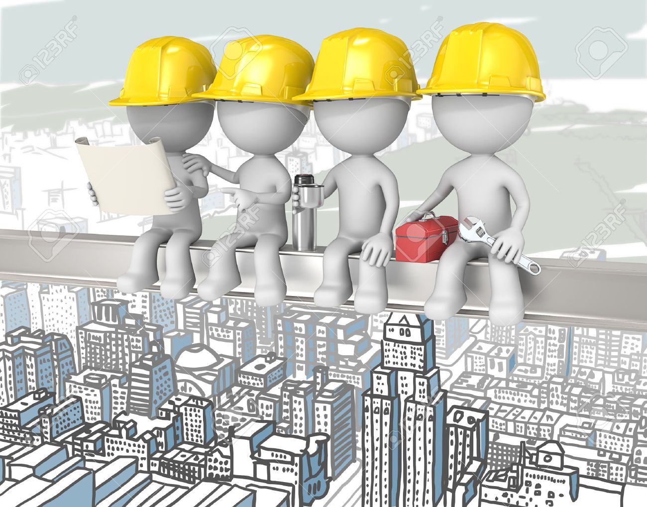 Atop a Skyscraper. Dude the construction workers sitting on a Crossbeam. Cityscape background. - 32615196 Atop a Skyscraper. Dude the construction workers sitting on a Crossbeam. Cityscape background. - 32615196