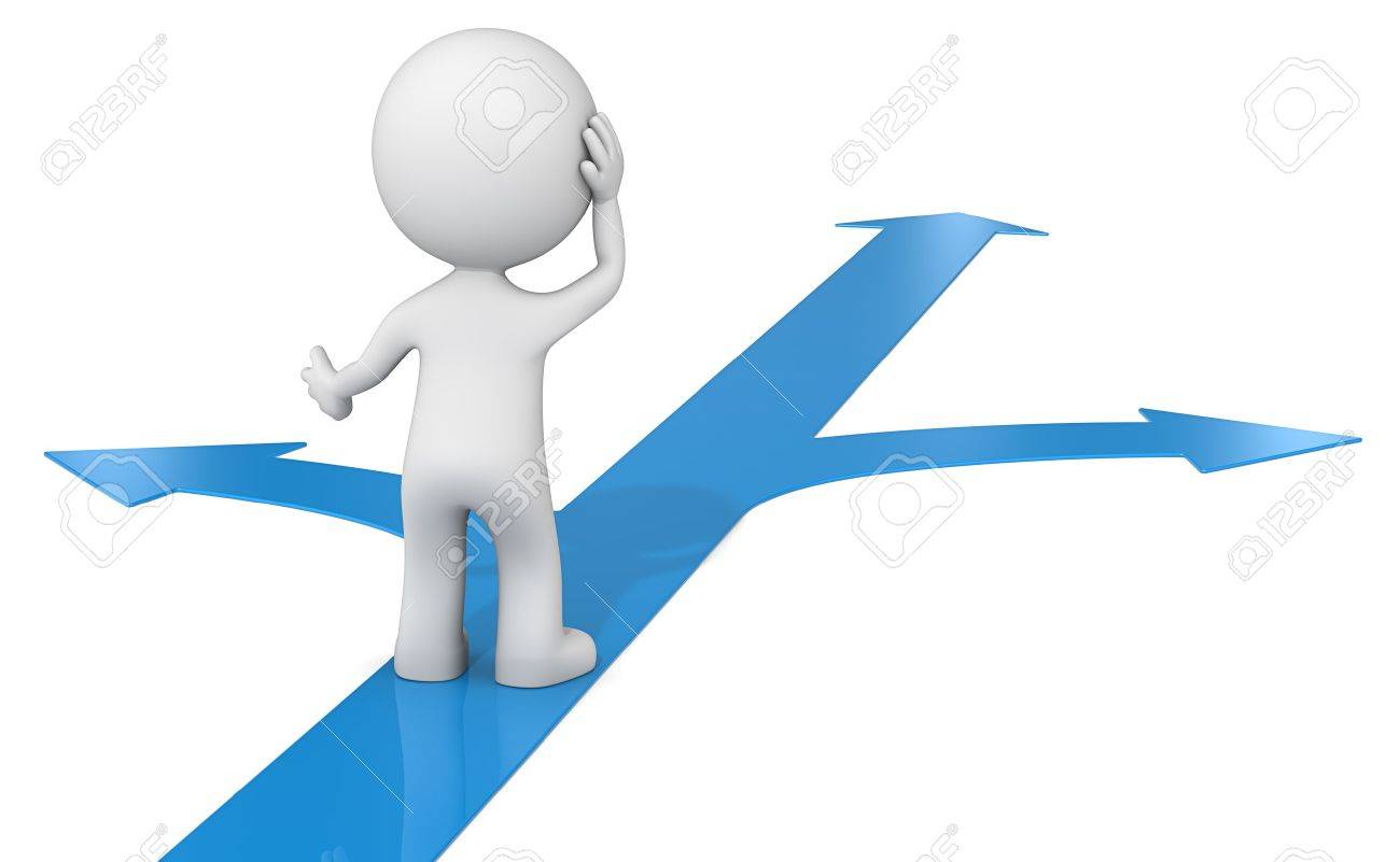 Choice. The dude 3D character choosing between 3 blue ways. - 39390971 Choice. The dude 3D character choosing between 3 blue ways. - 39390971