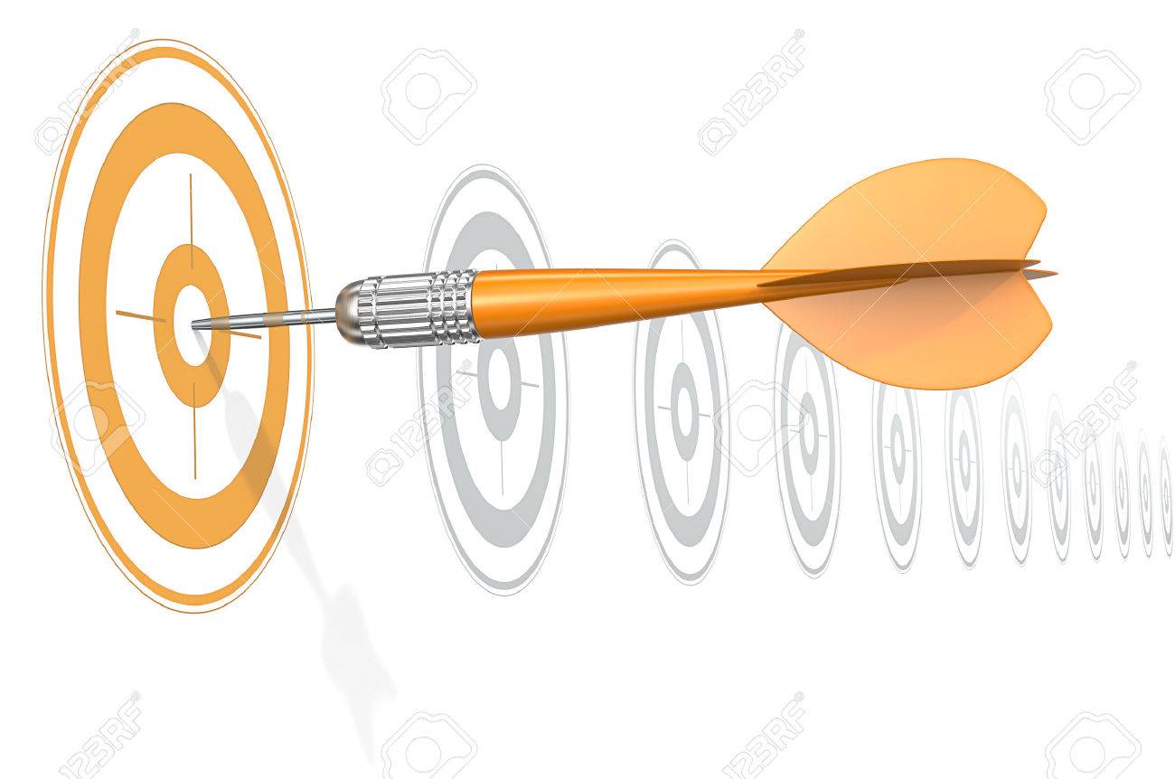 Target Marketing. Dart Arrow hitting center of Orange target. Horizontal row of gray targets. - 47594853 Target Marketing. Dart Arrow hitting center of Orange target. Horizontal row of gray targets. - 47594853