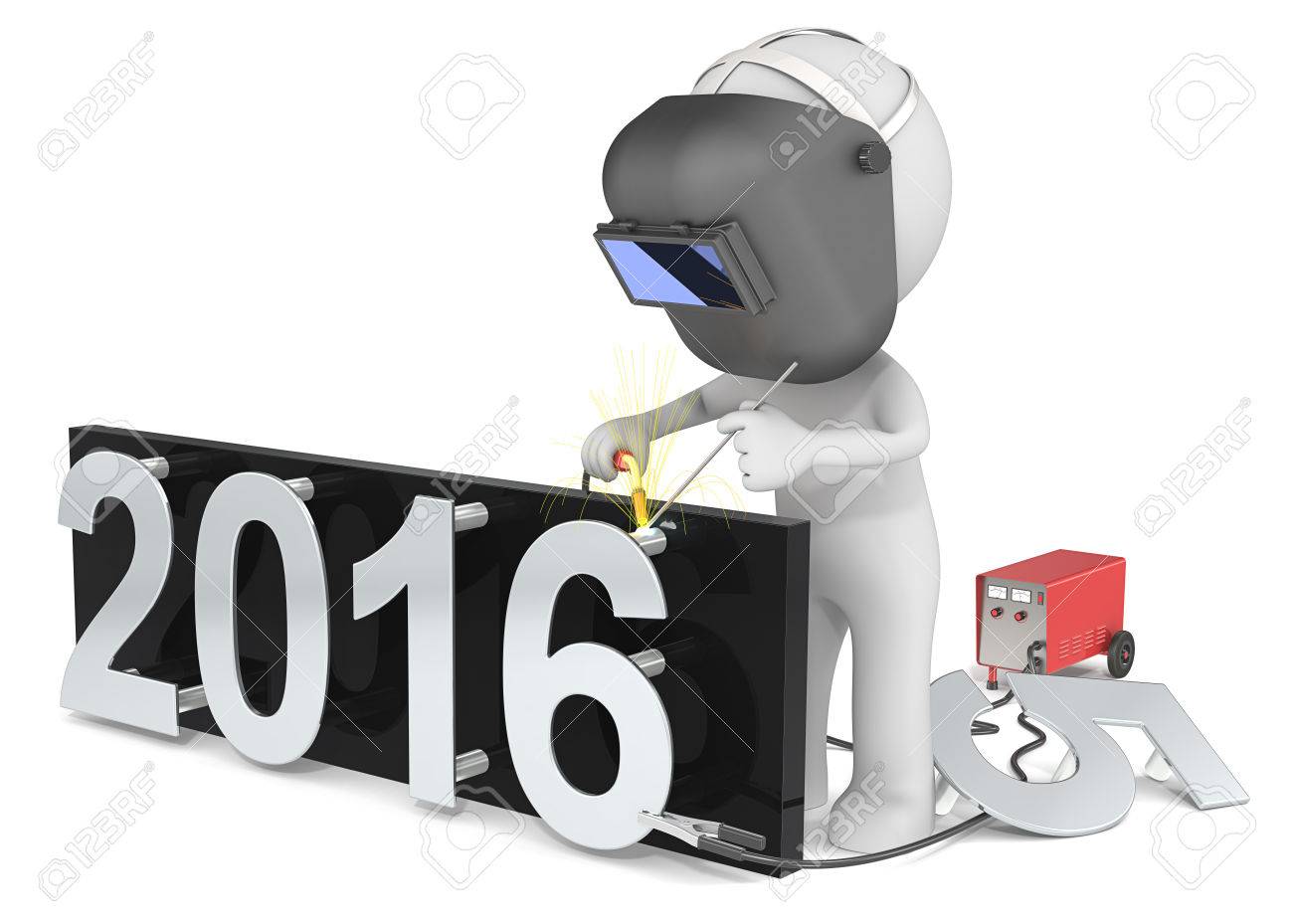 Happy New Year. Dude 3D character The Welder changing number on New Year from 2015 to 2016. - 48326222 Happy New Year. Dude 3D character The Welder changing number on New Year from 2015 to 2016. - 48326222