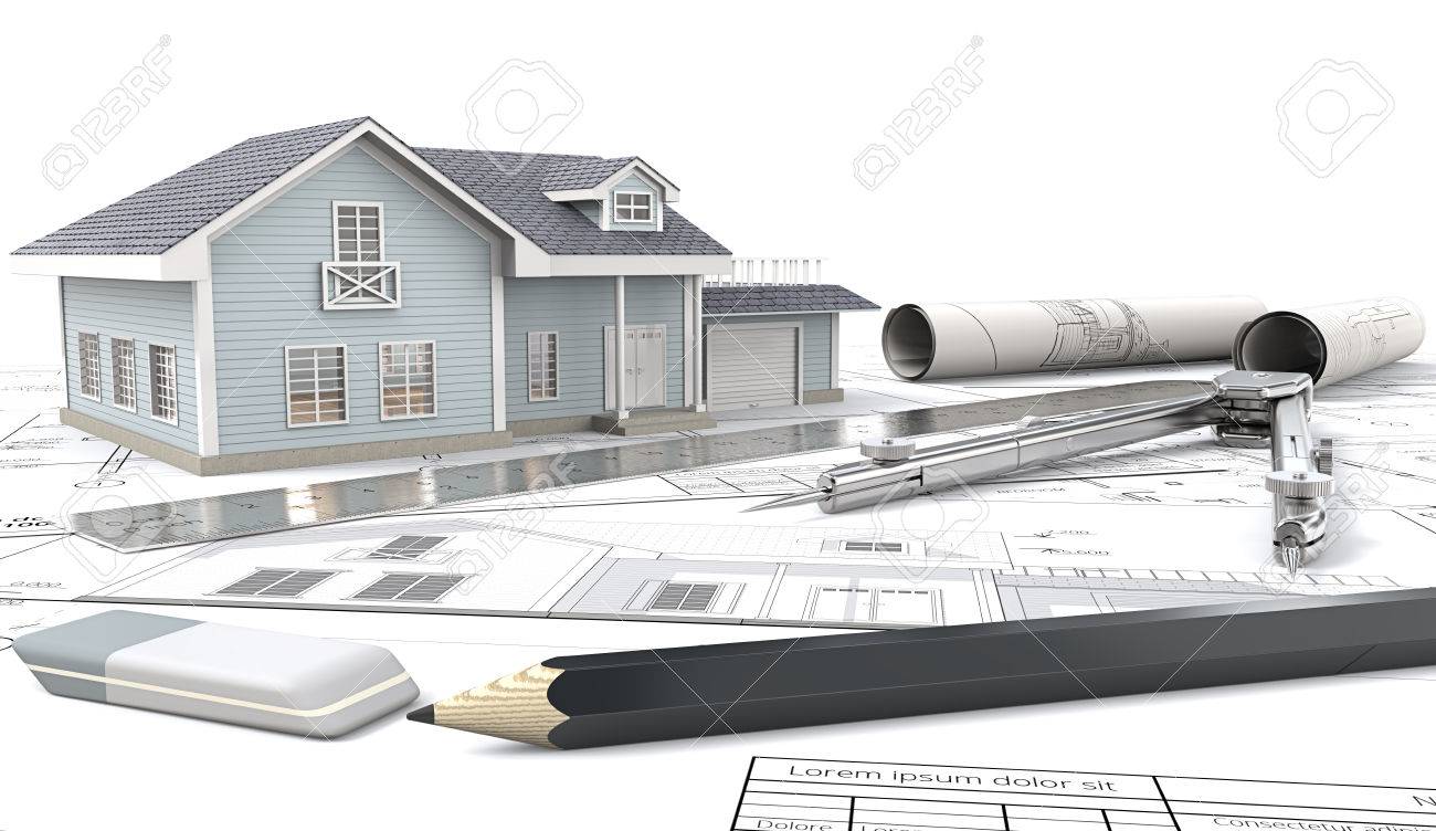 House Project. Front view of Blue House with Light from windows. , drawings and sketches. Rolls, Ruler, Pencil, Eraser and Divider of metal. 3D render. - 78944252 House Project. Front view of Blue House with Light from windows. , drawings and sketches. Rolls, Ruler, Pencil, Eraser and Divider of metal. 3D render. - 78944252