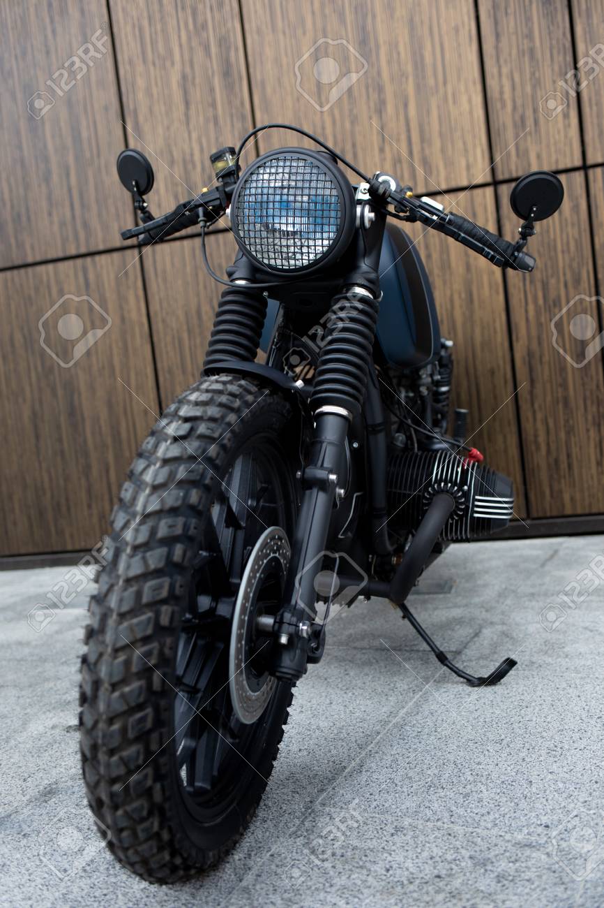 Black Blue Rebuilt Vintage Custom Motorcycle Cafe Racer In Front Stock Photo Picture And Royalty Free Image Image 112910924