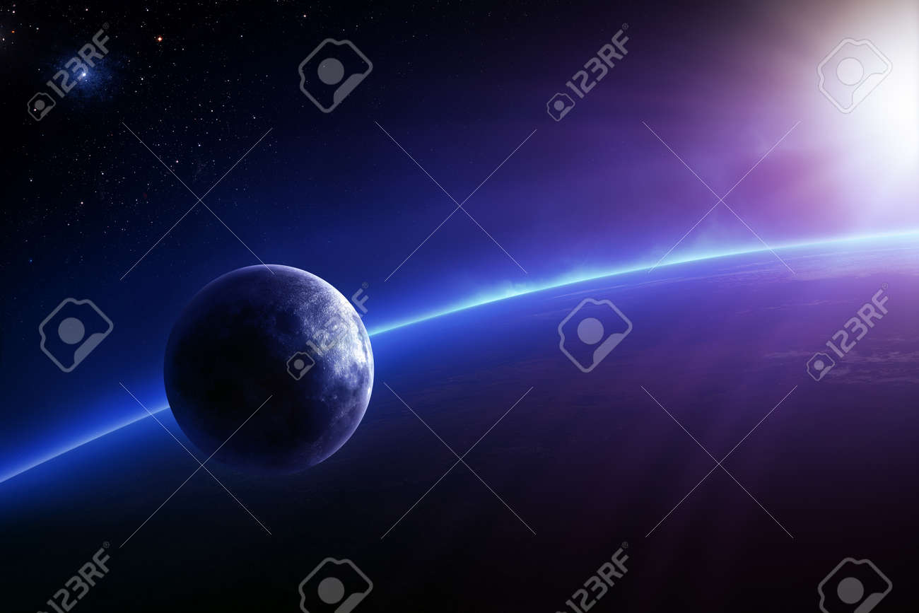 Fantasy Earth and Moon in colourful space with sunrise - 26588771 Fantasy Earth and Moon in colourful space with sunrise - 26588771