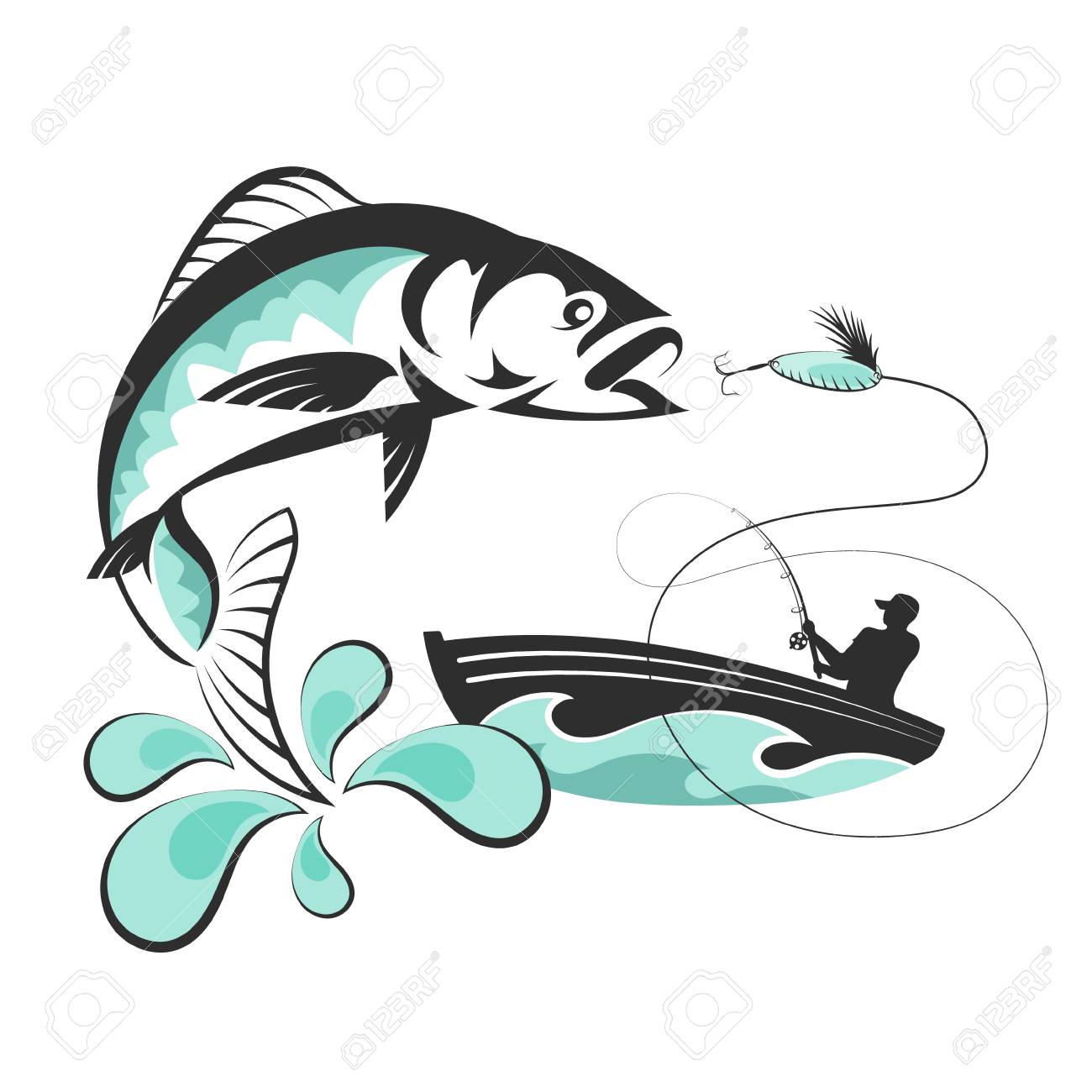 Fische Die Fur Koder Und Einen Fischer In Einem Boot Springen Lizenzfrei Nutzbare Vektorgrafiken Clip Arts Illustrationen Image 79335084