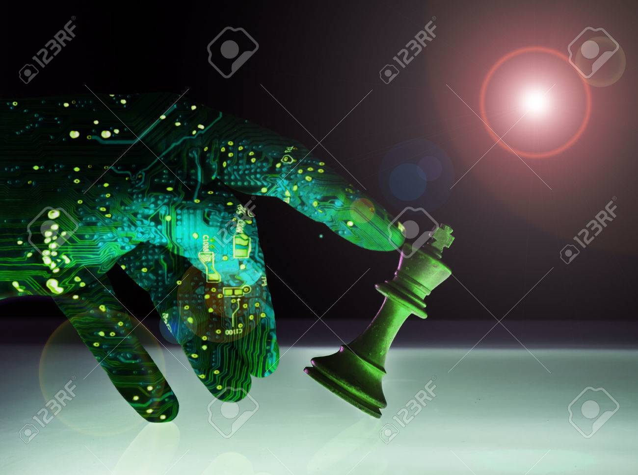 Computer artificial intelligence hand concept of check mate against a white king chess piece. AI technology brain of a robot arm supersedes human power. Copyspace area. - 54659245 Computer artificial intelligence hand concept of check mate against a white king chess piece. AI technology brain of a robot arm supersedes human power. Copyspace area. - 54659245
