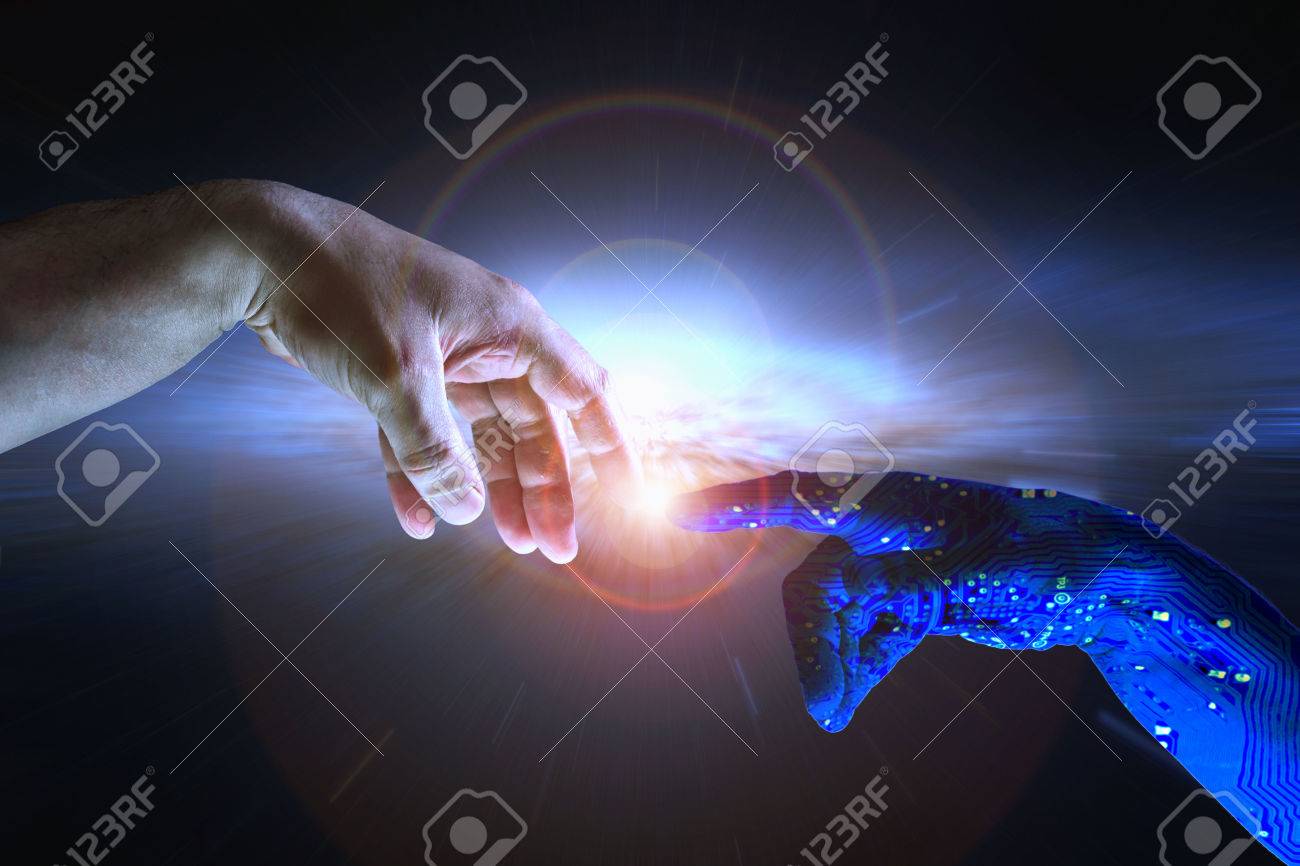 AI hand reaches towards a human hand as a spark of understanding technology reaches across to humanity. Artificial Intelligence concept with copy space area. Blue flesh image. - 54659249 AI hand reaches towards a human hand as a spark of understanding technology reaches across to humanity. Artificial Intelligence concept with copy space area. Blue flesh image. - 54659249