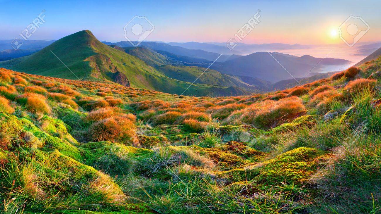 beautiful summer landscape in the mountains sunrise stock photo beautiful mountain sunrise