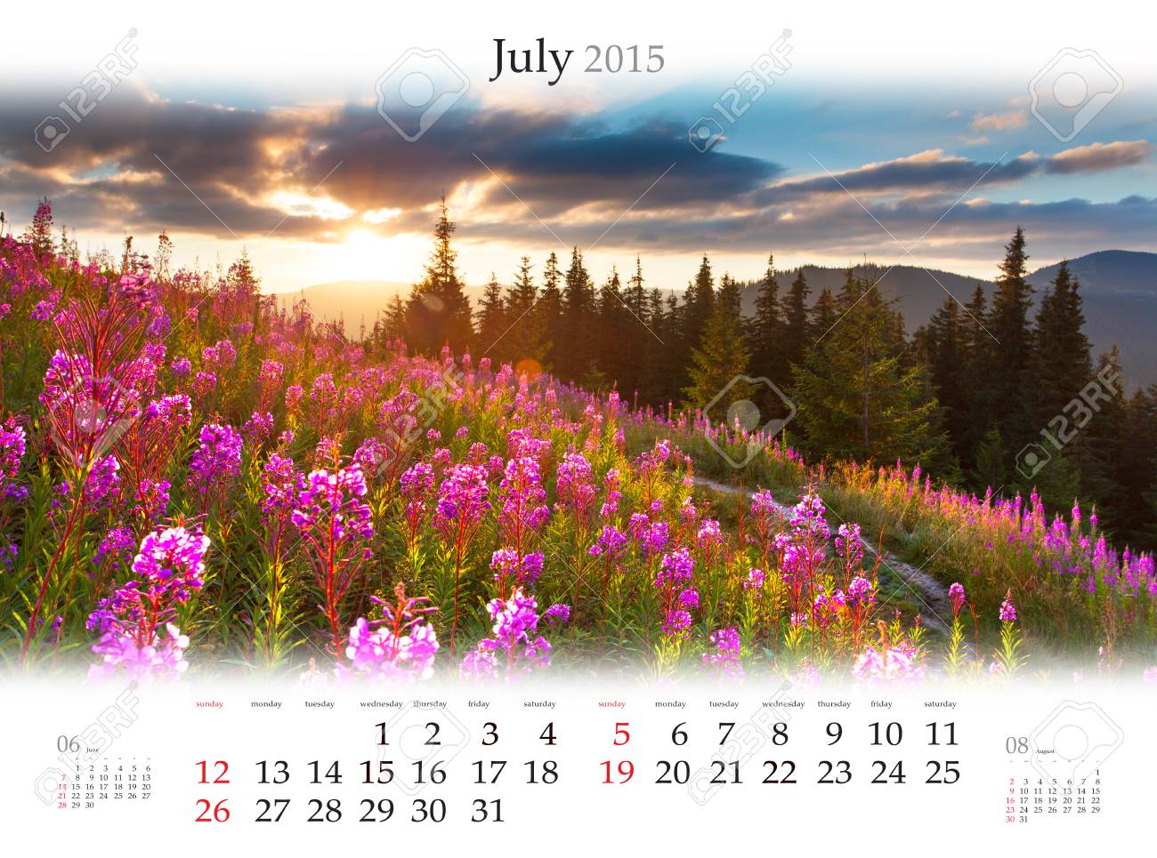 6 月のカレンダー 15 年 山の中のピンクの花で美しい夏の日の出 の写真素材 画像素材 Image