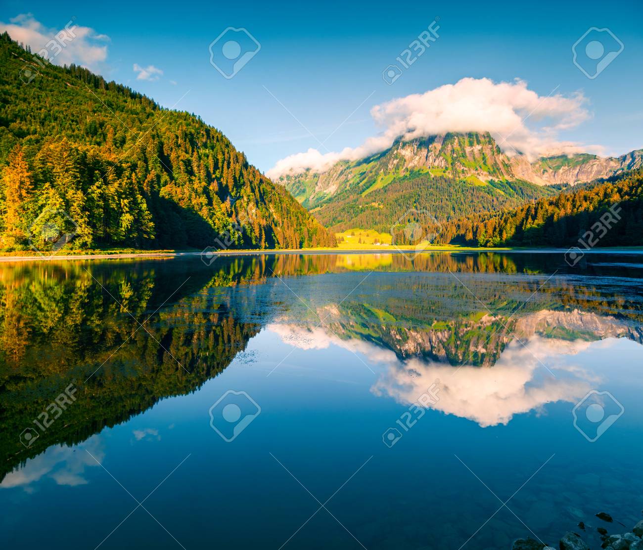 Obersee 湖の日当たりの良い夏の風景です。スイス アルプス、Nafels 村
