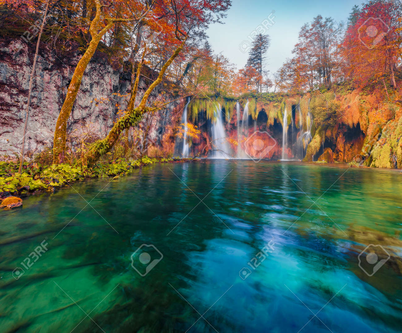 Beautiful Autumn Scenery. Splendid Morning View Of Pure Water Waterfall In  Plitvice National Park. Stunning Autumn Scene Of Croatia, Europe. Beauty Of  Nature Concept Background. Stock Photo, Picture and Royalty Free Image., image size:1300x1077