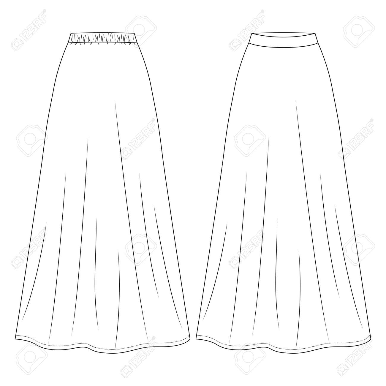 Plantilla De Dibujo Plano De Moda De De Longitud Maxi Larga Para Mujer. Ilustración Técnica De Moda Para Niñas. A-line Con Elástico En La Espalda Svg, Vectoriales, Clip Art Vectorizado