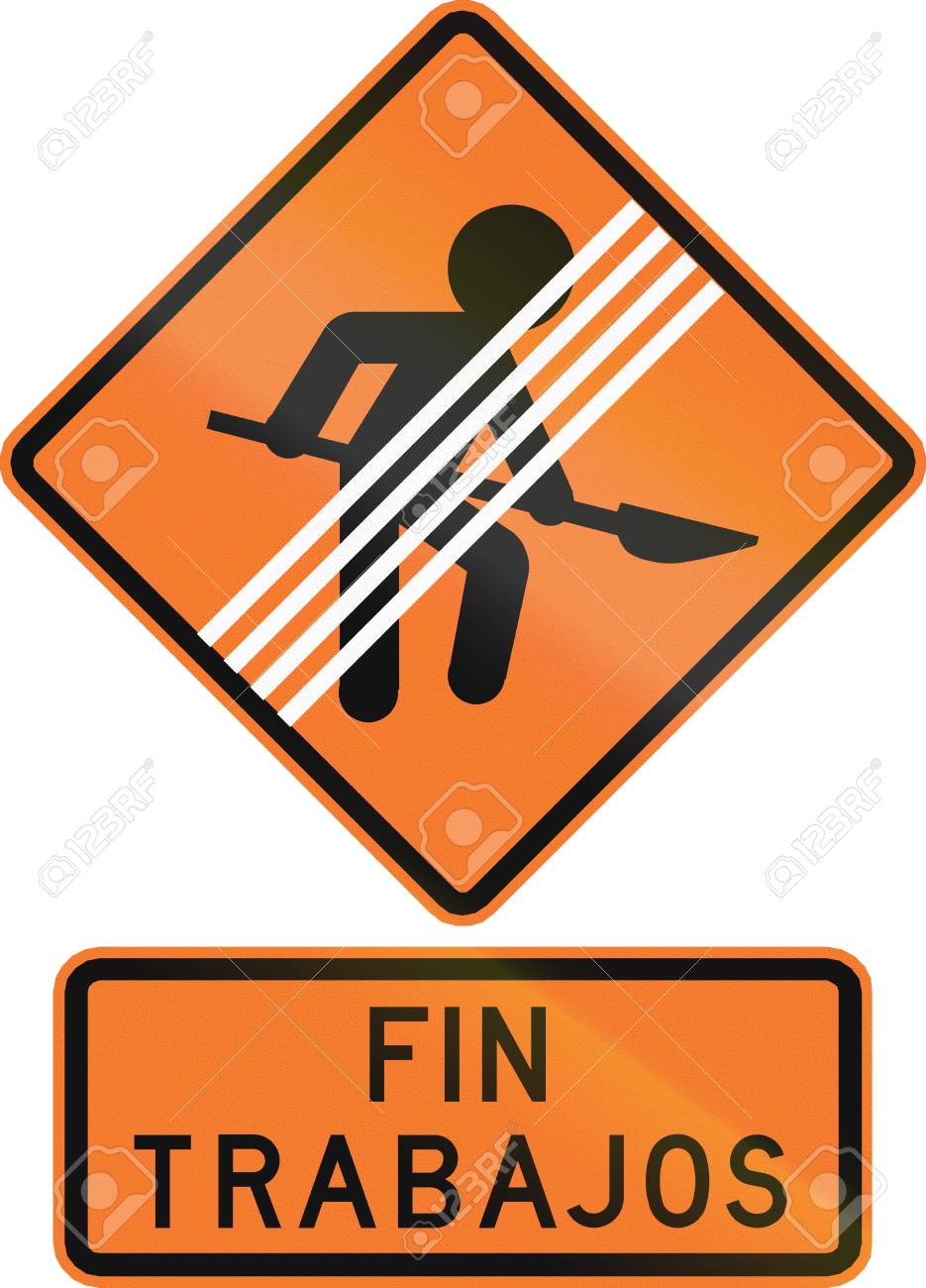 チリの交通警告標識 道路ゾーンの労働者の終わり フィン Trabajos 道路工事の終わりを意味します の写真素材 画像素材 Image
