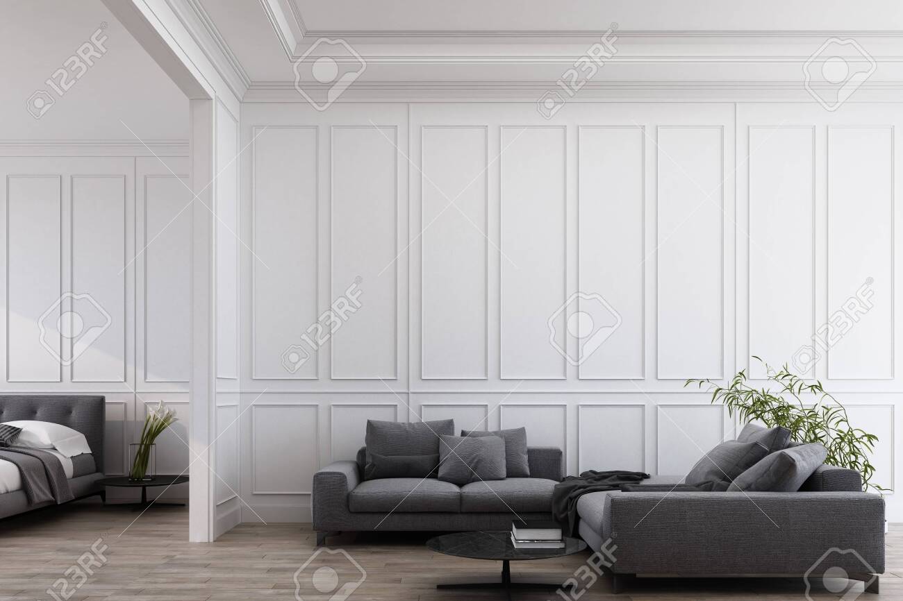 Modern classic white living and bedroom with grey furniture , panels and wooden floor. 3d render illustration mock up. - 131467135 Modern classic white living and bedroom with grey furniture , panels and wooden floor. 3d render illustration mock up. - 131467135