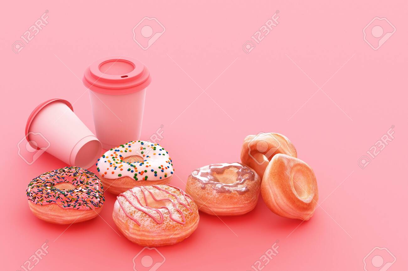 Colorful donut and coffee cup with pastel pink background. 3d rendering - 131558269 Colorful donut and coffee cup with pastel pink background. 3d rendering - 131558269