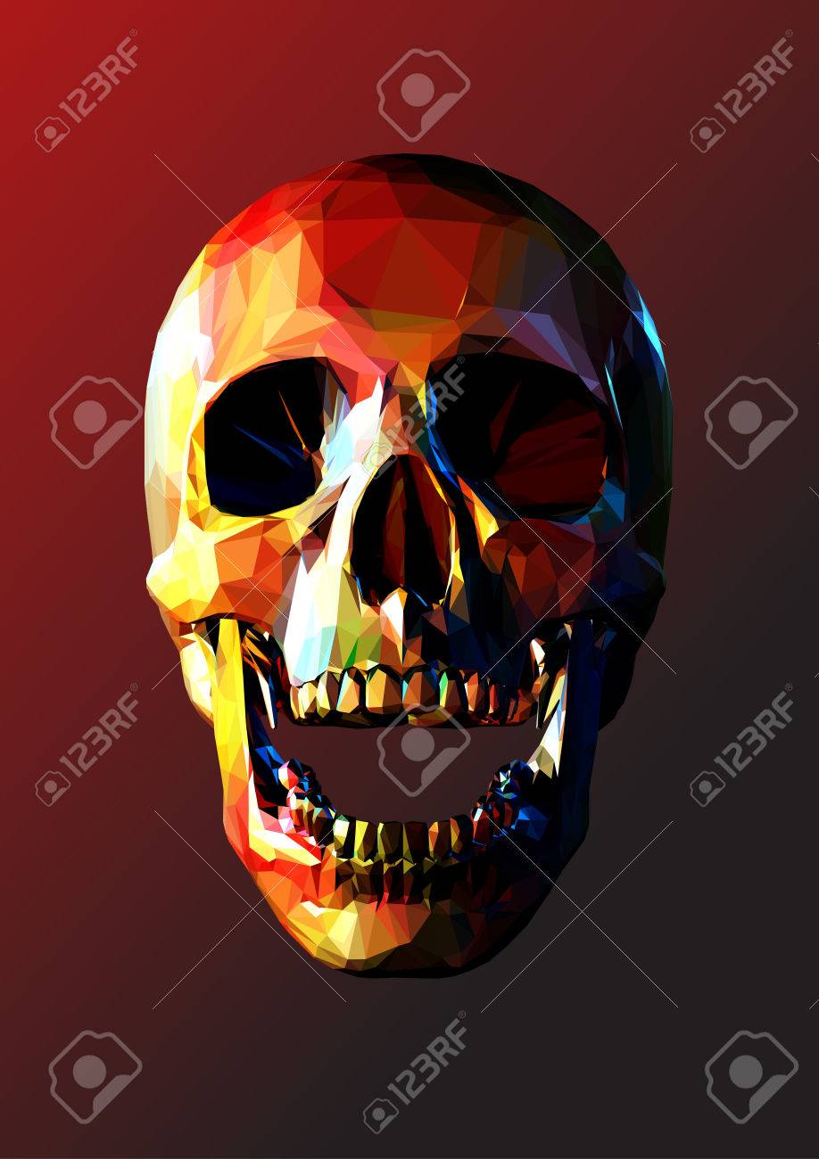 low polygonal skull open jaw with colorful color on dark red background stock vector 73126327