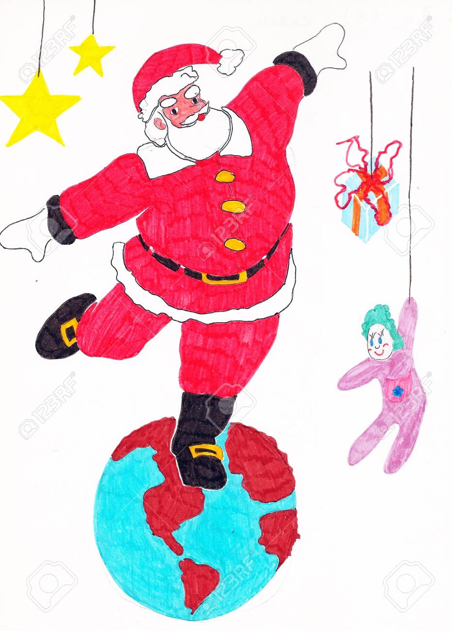 Freehand Colored Drawing Of Santa Claus Dancing Over The Whole