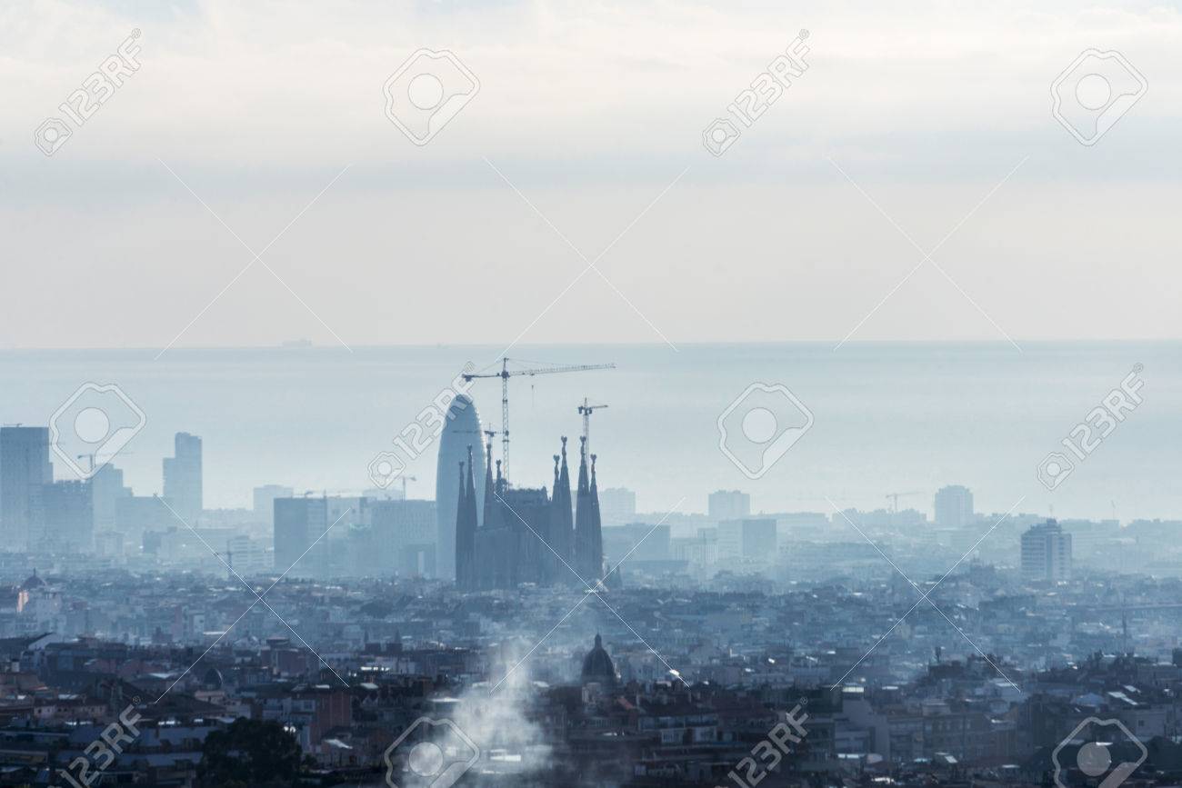 Panoramic views of Barcelona at sunrise, Catalonia, Spain. In the image highlights the Sagrada Familia - 49114619 Panoramic views of Barcelona at sunrise, Catalonia, Spain. In the image highlights the Sagrada Familia - 49114619