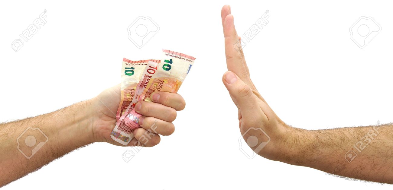 caucasian man hand refusing money offered rejecting an offer