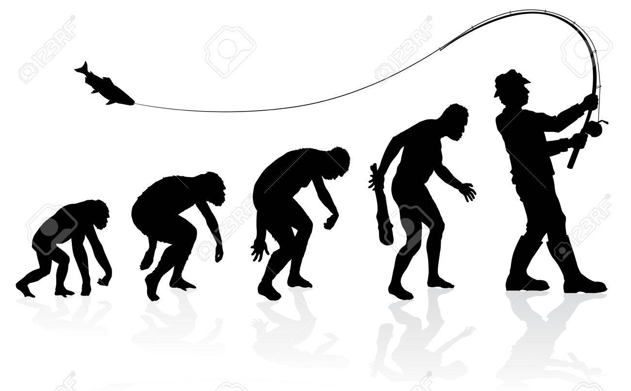 漁師の進化 素晴らしい実例なシルエットで漁師に人間にサルから男性の進化を描いたの のイラスト素材 ベクタ Image