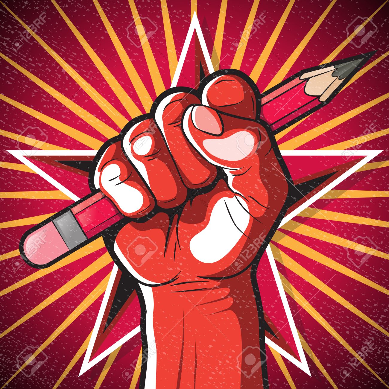 revolutionary punching fist and pencil sign great illustration