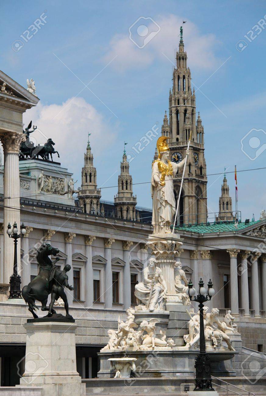 Athena Fountain and the Austrian Parliament in front, Vienna City Hall in the rear of the picture - 9572736 Athena Fountain and the Austrian Parliament in front, Vienna City Hall in the rear of the picture - 9572736