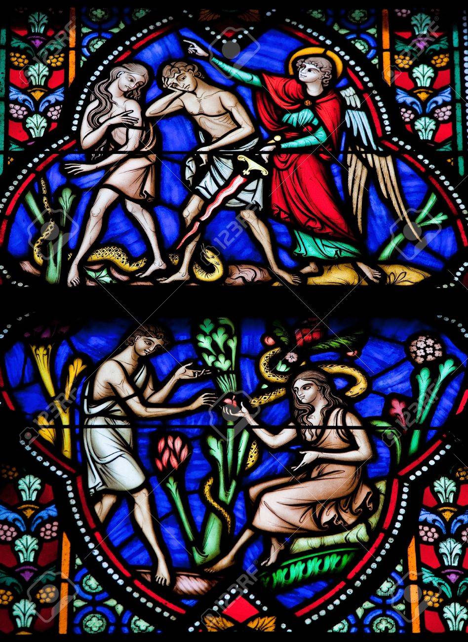 Adam and Eve eat the Forbidden Fruit and are expelled from Paradise This window was created more than 150 years ago, no property release is required - 14621969 Adam and Eve eat the Forbidden Fruit and are expelled from Paradise This window was created more than 150 years ago, no property release is required - 14621969