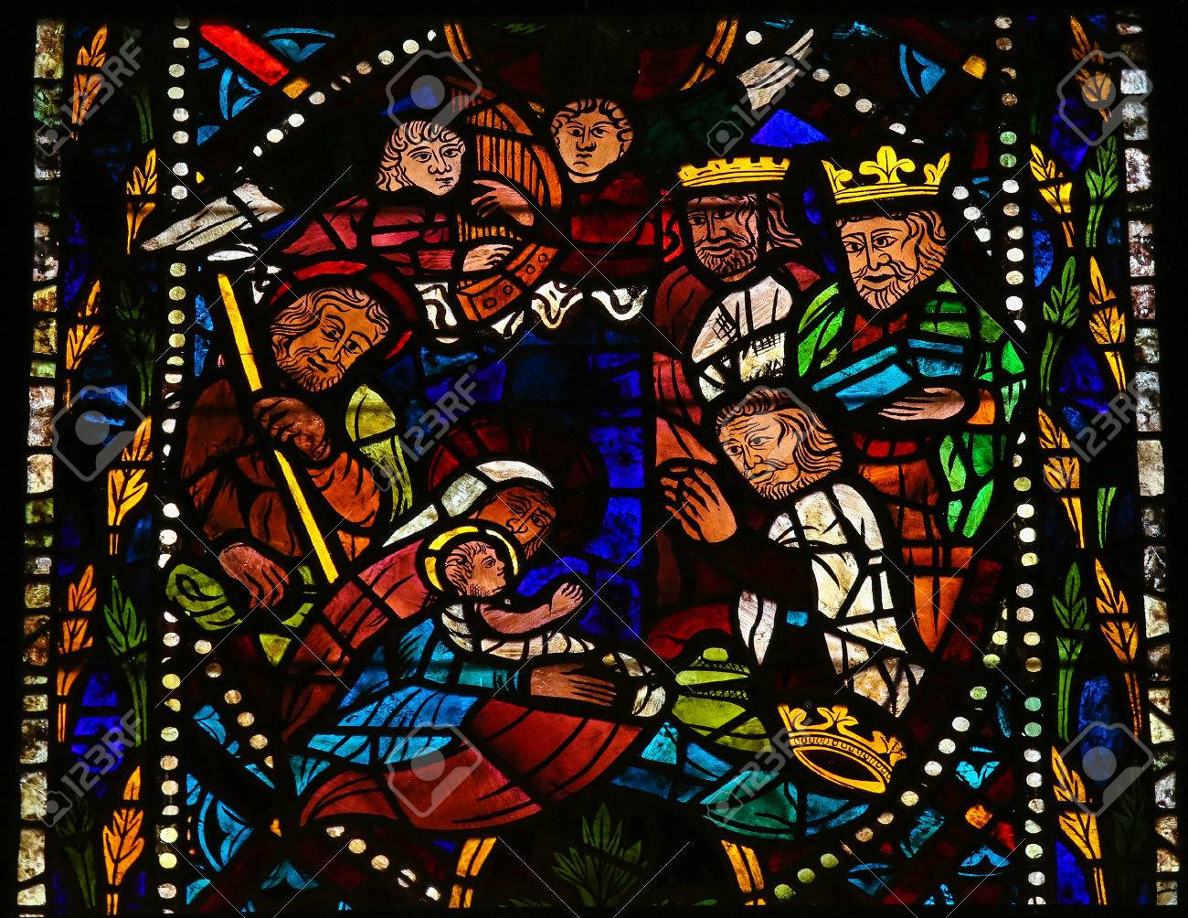 Stained glass window depicting a Nativity Scene with the Three Magi from the East in the cathedral of Leon, Castille and Leon, Spain. - 31516497 Stained glass window depicting a Nativity Scene with the Three Magi from the East in the cathedral of Leon, Castille and Leon, Spain. - 31516497