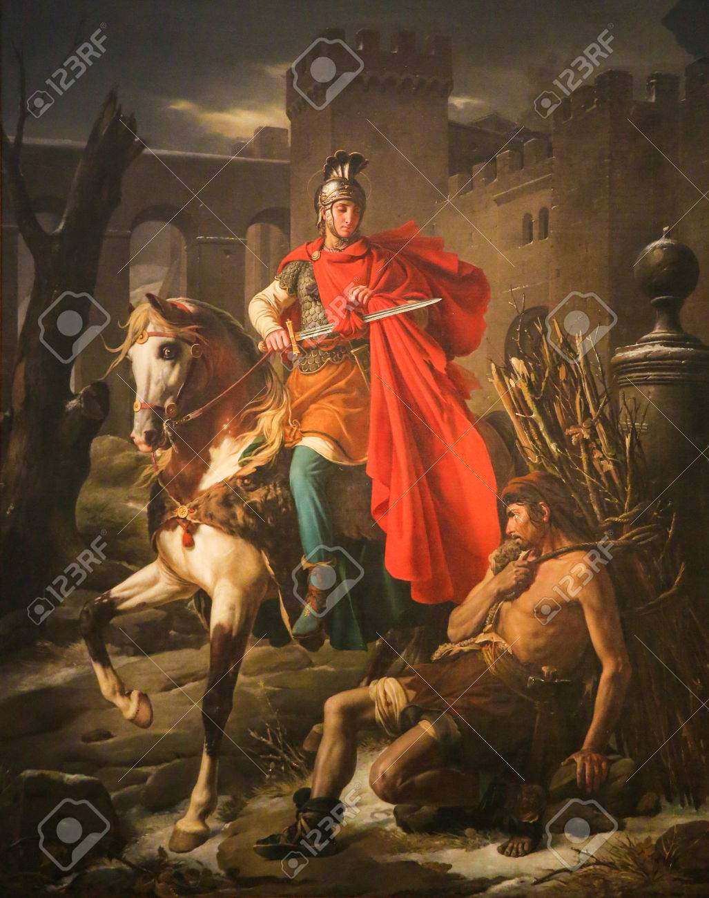 Painting depicting Saint Martin of Tours cuting a piece of his cloak in the Cathedral of Tours, France. - 47659798 Painting depicting Saint Martin of Tours cuting a piece of his cloak in the Cathedral of Tours, France. - 47659798