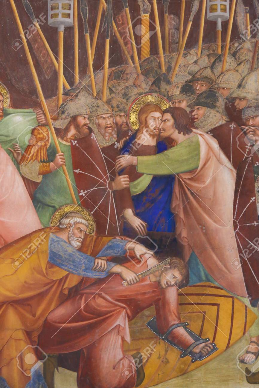 ユダは イエスを裏切るキスで 14 世紀 イタリアのサン ジミニャーノのジミニャーノ参事会教会のフレスコ画 の写真素材 画像素材 Image