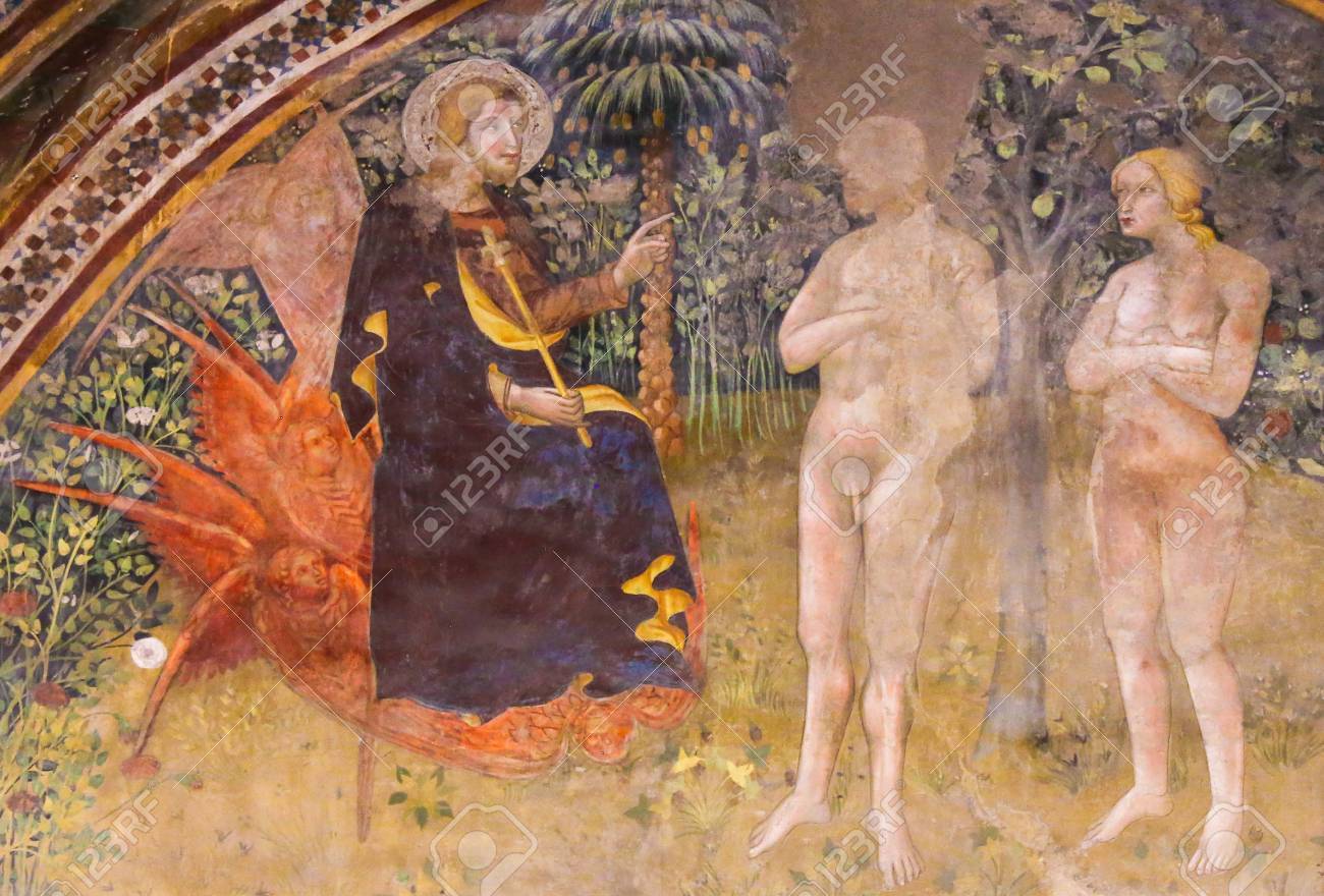 Renaissance Fresco (1365) by Bartolo di Fredi depicting Jesus, Adam and Eve in the Garden of Eden in the Collegiata of San Gimignano, Italy. - 87034043 Renaissance Fresco (1365) by Bartolo di Fredi depicting Jesus, Adam and Eve in the Garden of Eden in the Collegiata of San Gimignano, Italy. - 87034043