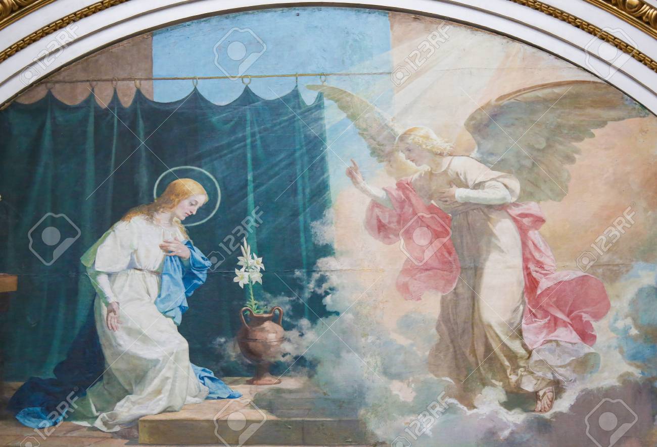 聖母マリアのフレスコ画と受胎告知の大天使ガブリエル バレンシア大聖堂 スペイン の写真素材 画像素材 Image