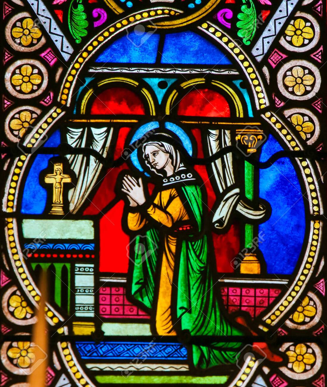 Stained Glass In The Cathedral Of Monaco, Depicting Mother Mary In Prayer  Stock Photo, Picture And Royalty Free Image. Image 119630690.