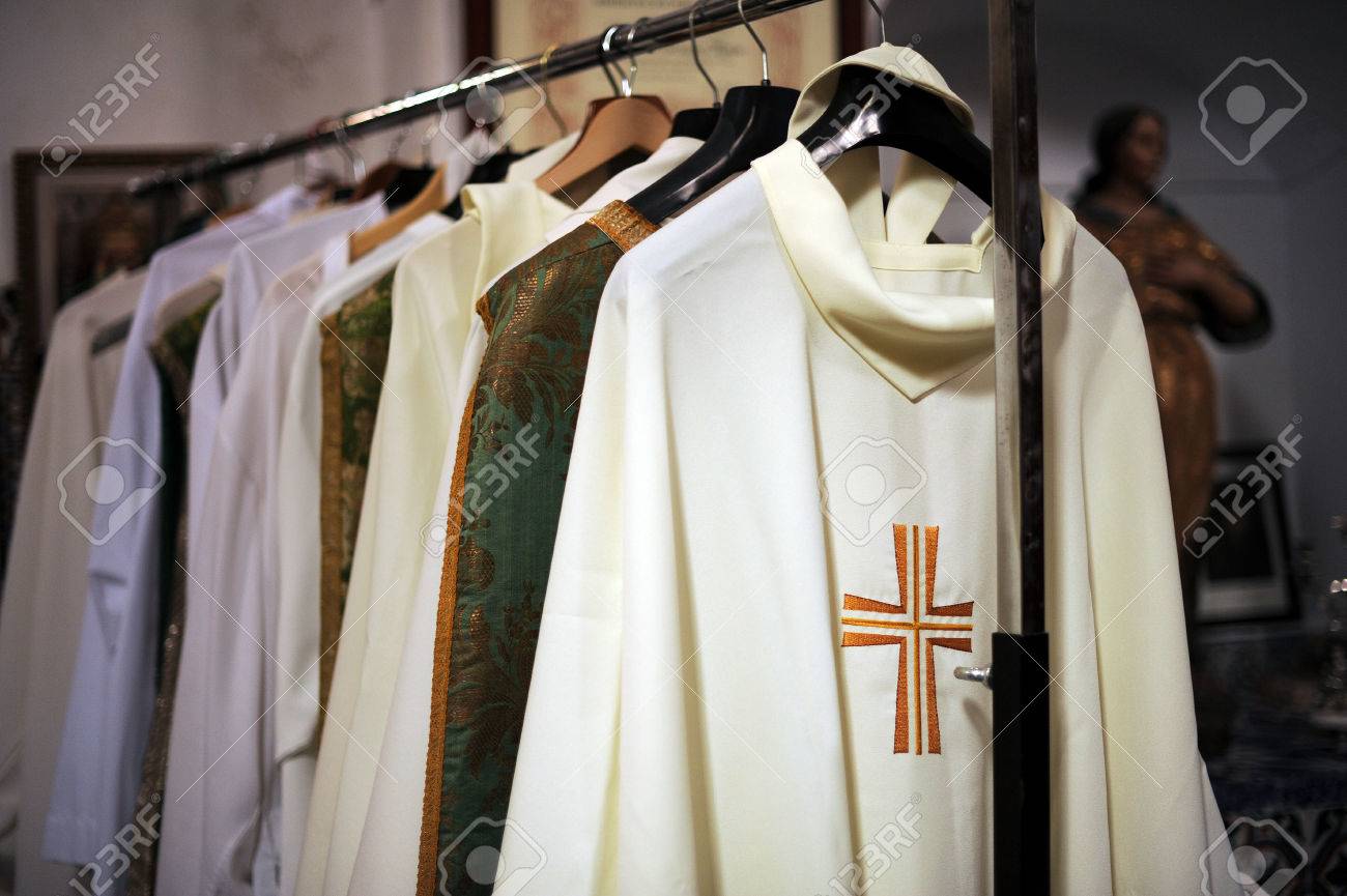 The Sacristy Of A Catholic Church Chasubles For Priests Stock