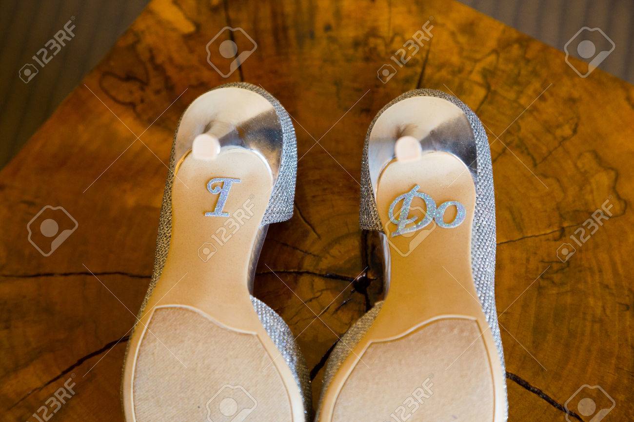 These Wedding Shoes Say I Do On The Bottom Of The Heels Stock