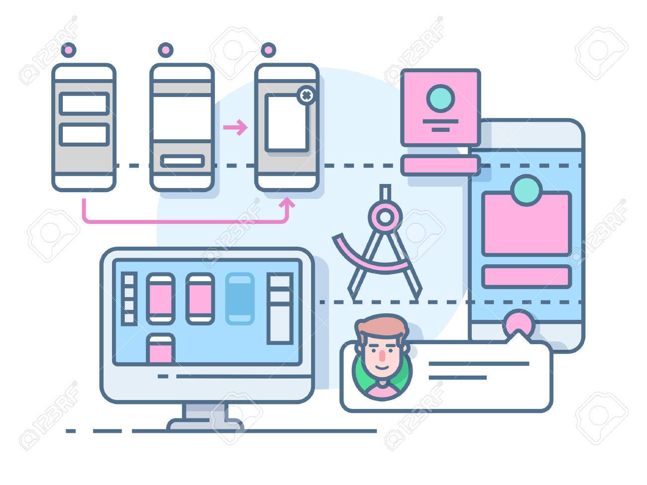 UX UI design flat. Mobile interface, website internet, development media page, illustration - 52582063 UX UI design flat. Mobile interface, website internet, development media page, illustration - 52582063