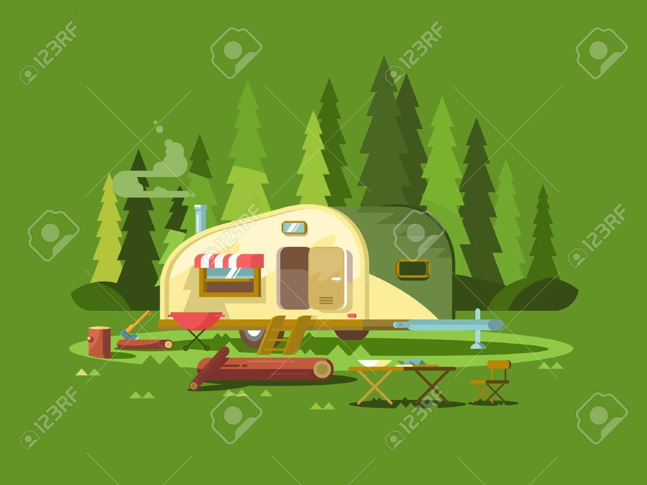 Trailer for travel in forest. Summer holiday, adventure vehicle for tourism, trip truck, vector illustration - 54703287 Trailer for travel in forest. Summer holiday, adventure vehicle for tourism, trip truck, vector illustration - 54703287