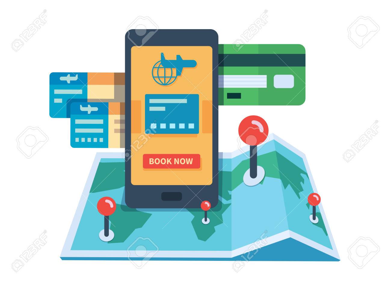 Booking travel online concept. Internet reservation ticket with flight service, illustration - 54946375 Booking travel online concept. Internet reservation ticket with flight service, illustration - 54946375