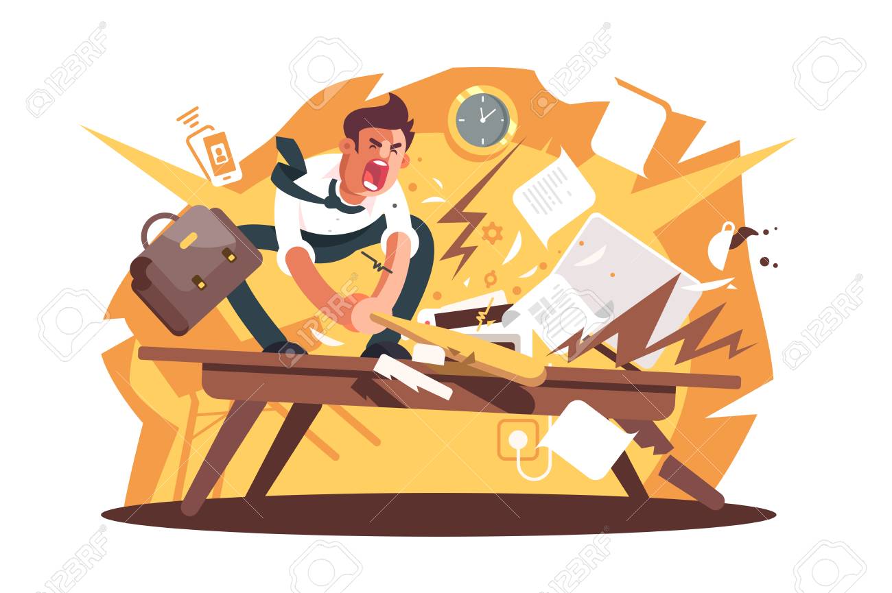 Angry and exasperated worker crushed workplace. Cartoon wrathful man destroys work position with baseball bat vector illustration flat concept. Nervous breakdown because of problems or stress at work - 126159755 Angry and exasperated worker crushed workplace. Cartoon wrathful man destroys work position with baseball bat vector illustration flat concept. Nervous breakdown because of problems or stress at work - 126159755