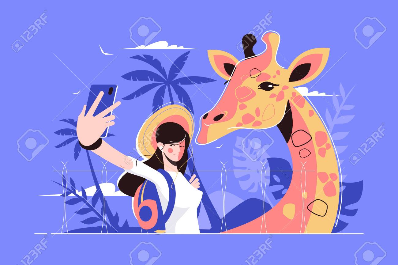 Selfie with giraffe vector illustration. Girl traveller making photos with camelopard flat style design. Travelling concept. Tropical plants on background - 132136803 Selfie with giraffe vector illustration. Girl traveller making photos with camelopard flat style design. Travelling concept. Tropical plants on background - 132136803
