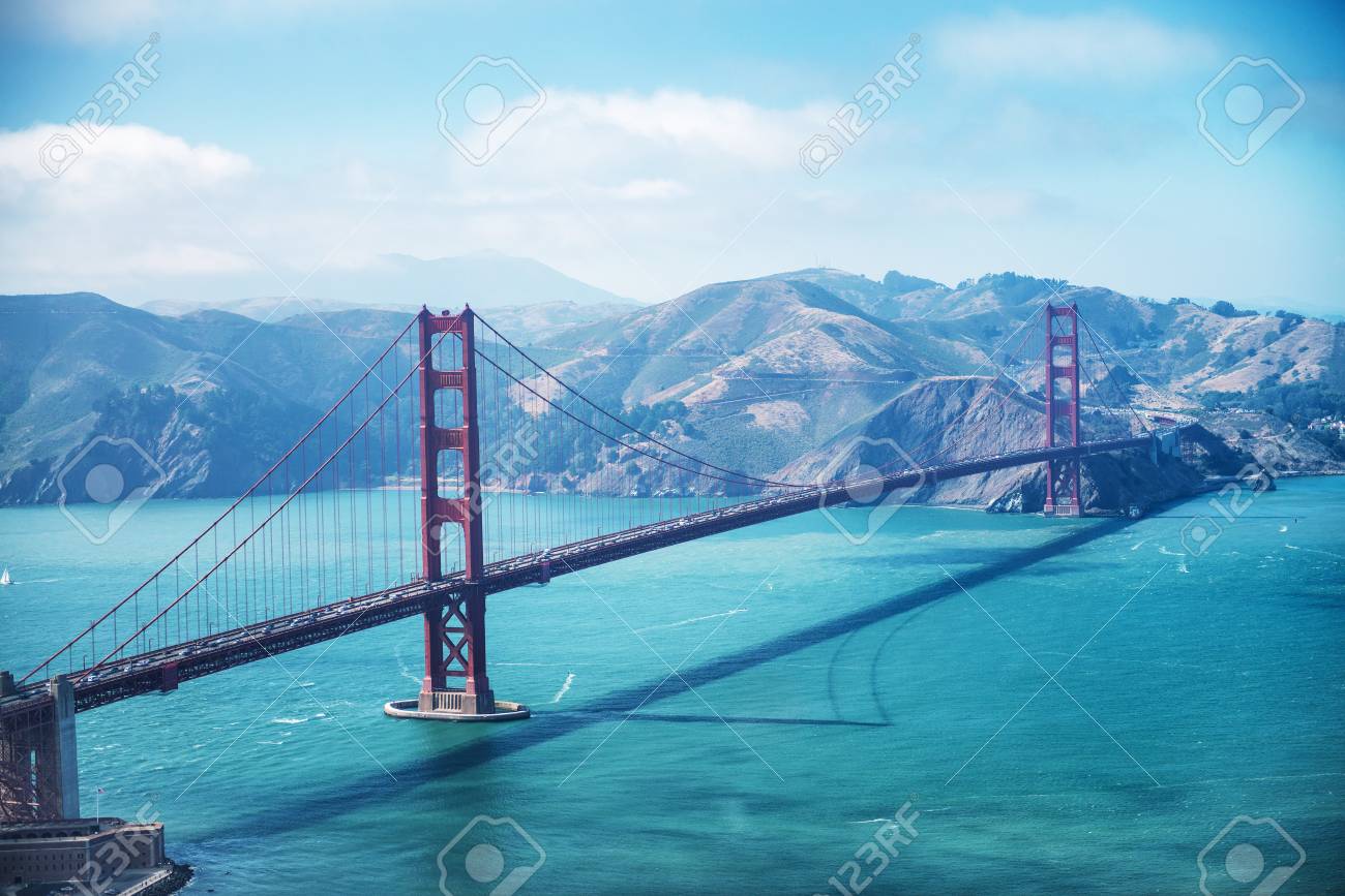 aerial view of san francisco golden gate bridge from helicopter